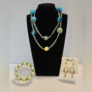Green & Blue Seed Bead Necklace With Bracelet & Kathie Lee Collection Earrings